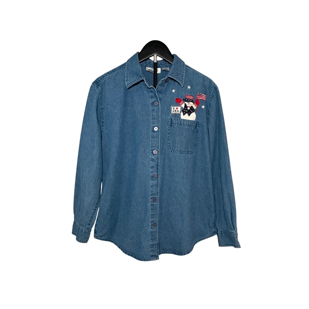 Patriotic Denim Button‑Up Women's S – Embroidered USA Bears & Snowman Americana